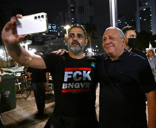 (R) Gadi Eisenkot, Head of the Yashar Party, poses for a photo before joining Israelis at a protest in Hostage Square in Tel Aviv, three days before the election, demanding an independent State Commission of Inquiry into the failures surrounding the October 7, 2023, Hamas massacre, on Saturday, October 24, 2026.  JER2026102409 DEBBIExHILL