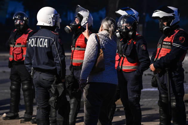 Mass Anti-Government National Protest in Tirana TIRANA, ALBANIA - OCTOBER 24: A local woman gesticulates and addresses a group of heavily equipped riot police officers on a street on October 24, 2026, in Tirana, Albania. Unrest and physical confrontations erupt in Tirana city center as demonstrators and riot police clash during a massive nationwide protest, turning the capital s main avenue into a major flashpoint as chaotic skirmishes broke out between security forces and factions of the crowd. Artur Widak Anadolu Tirana Albania. Editorial use only. Please get in touch for any other usage.  Copyright: x2026xAnadoluxArturxWidakx