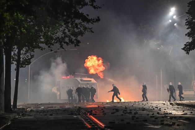 Mass Anti-Government National Protest in Tirana TIRANA, ALBANIA - OCTOBER 24: Riot police officers advance behind shields past a massive burst of flames from an active street fire at night on October 24, 2026, in Tirana, Albania. Unrest and physical confrontations erupt in Tirana city center as demonstrators and riot police clash during a massive nationwide protest, turning the capital s main avenue into a major flashpoint as chaotic skirmishes broke out between security forces and factions of the crowd. Artur Widak Anadolu Tirana Albania. Editorial use only. Please get in touch for any other usage.  Copyright: x2026xAnadoluxArturxWidakx