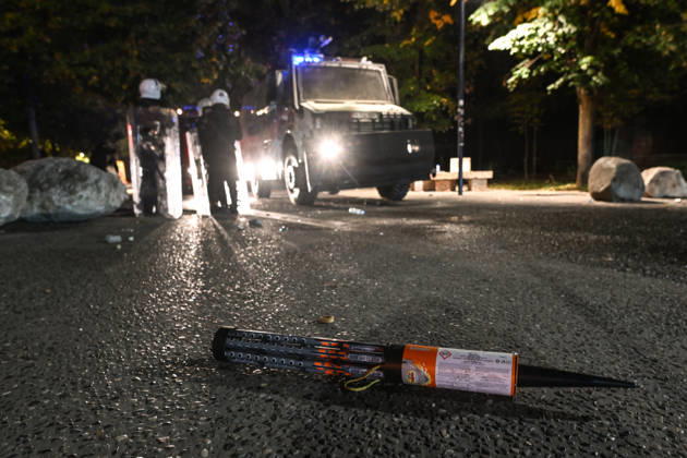 Mass Anti-Government National Protest in Tirana TIRANA, ALBANIA - OCTOBER 24: Unused pyrotechnic firework rockets lie scattered on the asphalt pavement near an advancing armored police vehicle and riot squad at night on October 24, 2026, in Tirana, Albania. Unrest and physical confrontations erupt in Tirana city center as demonstrators and riot police clash during a massive nationwide protest, turning the capital s main avenue into a major flashpoint as chaotic skirmishes broke out between security forces and factions of the crowd. Artur Widak Anadolu Tirana Albania. Editorial use only. Please get in touch for any other usage.  Copyright: x2026xAnadoluxArturxWidakx