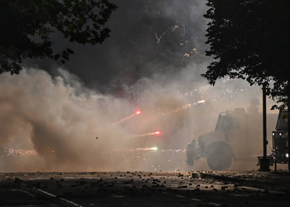 Mass Anti-Government National Protest in Tirana TIRANA, ALBANIA - OCTOBER 24: Sparking pyrotechnics and thick smoke explode near tactical police vehicles on a dark street on October 24, 2026, in Tirana, Albania. Unrest and physical confrontations erupt in Tirana city center as demonstrators and riot police clash during a massive nationwide protest, turning the capital s main avenue into a major flashpoint as chaotic skirmishes broke out between security forces and factions of the crowd. Artur Widak Anadolu Tirana Albania. Editorial use only. Please get in touch for any other usage.  Copyright: x2026xAnadoluxArturxWidakx