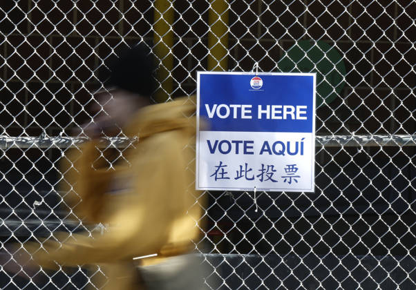 Signs directing voters to a nearby polling station are set up outside as voters cast their ballots on the weekend before the November 3rd election on Saturday, October 24, 2026 in New York City. Early voting began Saturday in New York and New Jersey, giving voters across the Tri-state area an opportunity to cast ballots ahead of Election Day.  NYP20261024101 JOHNxANGELILLO