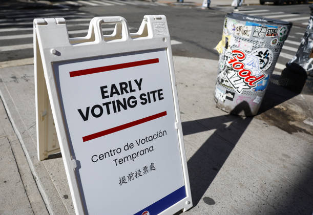 Signs directing voters to a nearby polling station are set up outside as voters cast their ballots on the weekend before the November 3rd election on Saturday, October 24, 2026 in New York City. Early voting began Saturday in New York and New Jersey, giving voters across the Tri-state area an opportunity to cast ballots ahead of Election Day.  NYP20261024111 JOHNxANGELILLO