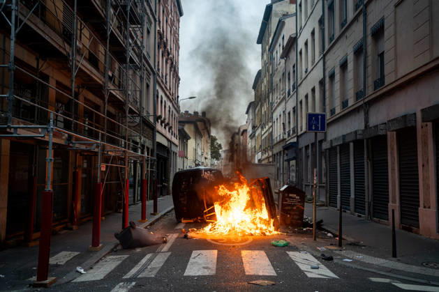 Protest against the high cost of living in Lyon on October 24, 2026 Nicolas Liponne MAXPPP Lyon 10 24 2026 A burning barricade during a day of protests against the high cost of living in Lyon, October 24, 2026. Protests had been banned in part of the city center following the riots on October 17. A burning barricade during a day of protests against the high cost of living in Lyon on October 24, 2026. Protests had been banned in part of the city center following the riots on October 17. France, Oct. 24, 2026. Another day of protests this Saturday, and amid fears of renewed violence and looting, restrictions on freedom of movement and assembly have multiplied, drawing sharp criticism from civil liberties groups. Lyon, Auvergne-Rhône-Alpes, F Copyright: xMAXPPPxNicolasxLiponnex NLP202610249900 NLP202610249900