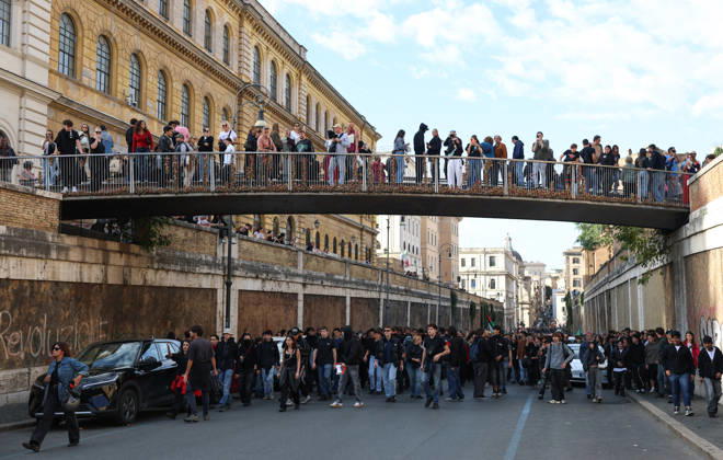 (261024) -- ROME, Oct. 24, 2026 -- Demonstrators are seen during an anti-war march in Rome, Italy, Oct. 24, 2026. Protests over rising living costs, military expansion and increased arms spending swept across several Italian cities on Saturday, with clashes between demonstrators and police reported in multiple locations. In Rome, demonstrators set off from Piazza della Repubblica, according to the ANSA news agency. Clashes erupted between protesters and police in the city center later in the evening, prompting police to use water cannons and tear gas in an attempt to disperse the crowds. ) ITALY-ROME-PROTESTS WangxKaiyan 