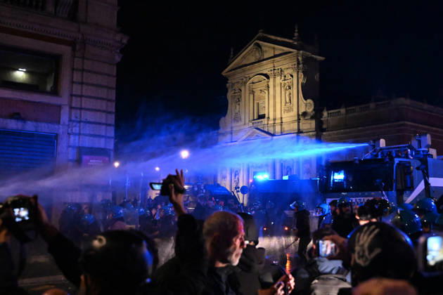 Demonstration against the government in Rome ROME, ITALY - OCTOBER 24: Police officers and water cannon vehicles block a road as anti-government protesters attempt to march toward the prime minister s office, on October 24, 2026 in Rome, Italy. Demonstrators taking part in the protest came face to face with security forces as police prevented them from advancing. Baris Seckin Anadolu Rome Italy. Editorial use only. Please get in touch for any other usage.  Copyright: x2026xAnadoluxBarisxSeckinx