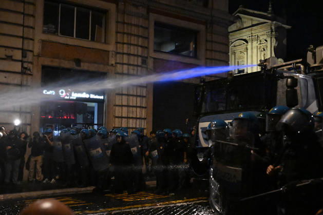 Demonstration against the government in Rome ROME, ITALY - OCTOBER 24: Police officers and water cannon vehicles block a road as anti-government protesters attempt to march toward the prime minister s office, on October 24, 2026 in Rome, Italy. Demonstrators taking part in the protest came face to face with security forces as police prevented them from advancing. Baris Seckin Anadolu Rome Italy. Editorial use only. Please get in touch for any other usage.  Copyright: x2026xAnadoluxBarisxSeckinx