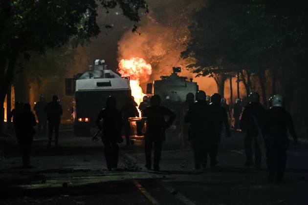 October 24, 2026, Tirana, Albania: TIRANA, ALBANIA, OCTOBER 24, 2026: Demonstrators clash with riot police during an anti-government protest in central Tirana. Protesters throw stones, pyrotechnics and petrol bombs, while police use tear gas, water cannons and rubber bullets. The demonstrations call for Prime Minister Edi Ramaâ€⠢s resignation, increased support for education and greater political accountability. Tirana Albania - ZUMAq101 20261024_zna_q101_374 Copyright: xVlasovxSulajx
