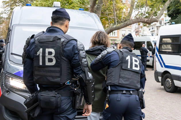 (261024) -- LILLE, Oct. 24, 2026 -- Security personnel take away a protester in Lille, France, Oct. 24, 2026. Around 410,000 people took part in a new round of protests across France on Saturday, French news channel BFM TV reported, citing the Interior Ministry. (Photo by Xinhua) FRANCE-LILLE-PROTEST SebastienxCourdji 