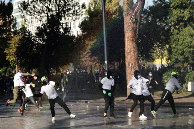 October 24, 2026, Tirana, Albania: TIRANA, ALBANIA, OCTOBER 24, 2026: Demonstrators clash with riot police during an anti-government protest in central Tirana. Protesters throw stones, pyrotechnics and petrol bombs, while police use tear gas, water cannons and rubber bullets. The demonstrations call for Prime Minister Edi Rama™s resignation, increased support for education and greater political accountability. Tirana Albania - ZUMAq101 20261024_zna_q101_355 Copyright: xVlasovxSulajx