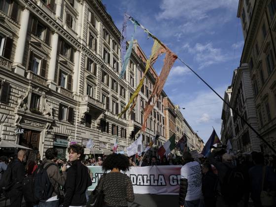Rome Anti War Protest Demonstrators march during an anti-war protest in Rome, Italy on October 24, 2026. Demonstrators took part in an anti-war march under the slogan Keep Italy Out of the War . Protesters further voiced opposition to Italy s involvement in armed conflicts, military rearmament and government policies. Rome Lazio Italy Copyright: xAndreaxCalandrax