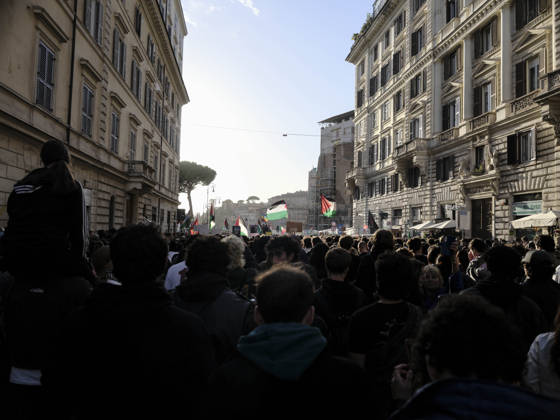 Rome Anti War Protest Demonstrators fill a street during an anti-war protest in Rome, Italy on October 24, 2026. Demonstrators took part in an anti-war march under the slogan Keep Italy Out of the War . Protesters further voiced opposition to Italy s involvement in armed conflicts, military rearmament and government policies. Rome Lazio Italy Copyright: xAndreaxCalandrax