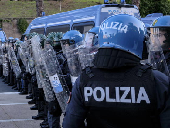Rome Anti War Protest Police officers stand guard during an anti-war protest in Rome, Italy on October 24, 2026. Demonstrators took part in an anti-war march under the slogan Keep Italy Out of the War . Protesters further voiced opposition to Italy s involvement in armed conflicts, military rearmament and government policies. Rome Lazio Italy Copyright: xAndreaxCalandrax
