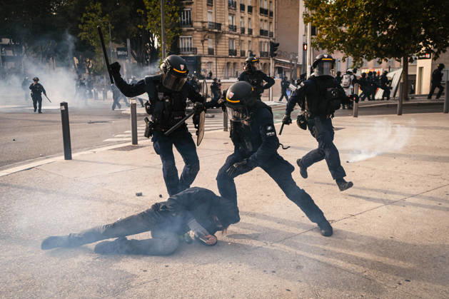 Marseille France Street Protests Police officers detain a person during a protest in Marseille, France on October 24, 2026. Authorities deployed around 70,000 security personnel across France for renewed protests over the cost of living, after unrest a week earlier saw public buildings damaged, hundreds of shops looted and about 2,700 people arrested. Marseille Provence-Alpes-CÃ te France Copyright: xNaelxChahinex