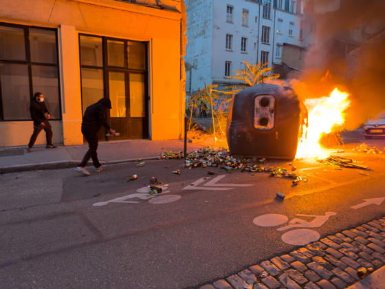 Lyon France Protests October 24 Two demonstrators stand near a fire on a street during a protest in Lyon, France on October 24, 2026. Authorities deployed around 70,000 security personnel across France for renewed protests over the cost of living, after unrest a week earlier saw public buildings damaged, hundreds of shops looted and about 2,700 people arrested. Lyon Rhone Alpes France Copyright: xAbolfazlxSalmanzadehx