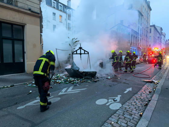 Lyon France Protests October 24 Firefighters extinguish a fire during a protest in Lyon, France on October 24, 2026. Authorities deployed around 70,000 security personnel across France for renewed protests over the cost of living, after unrest a week earlier saw public buildings damaged, hundreds of shops looted and about 2,700 people arrested. Lyon Rhone Alpes France Copyright: xAbolfazlxSalmanzadehx