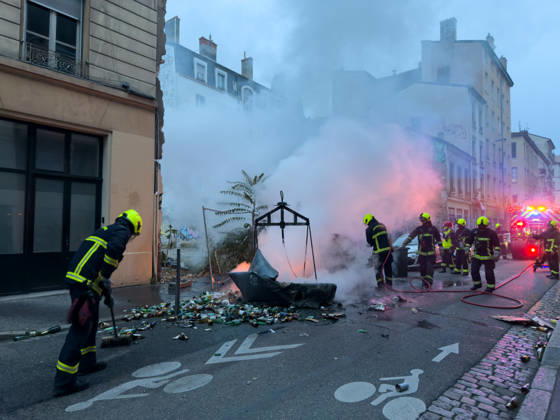 Lyon France Protests October 24 Firefighters extinguish a fire during a protest in Lyon, France on October 24, 2026. Authorities deployed around 70,000 security personnel across France for renewed protests over the cost of living, after unrest a week earlier saw public buildings damaged, hundreds of shops looted and about 2,700 people arrested. Lyon Rhone Alpes France Copyright: xAbolfazlxSalmanzadehx