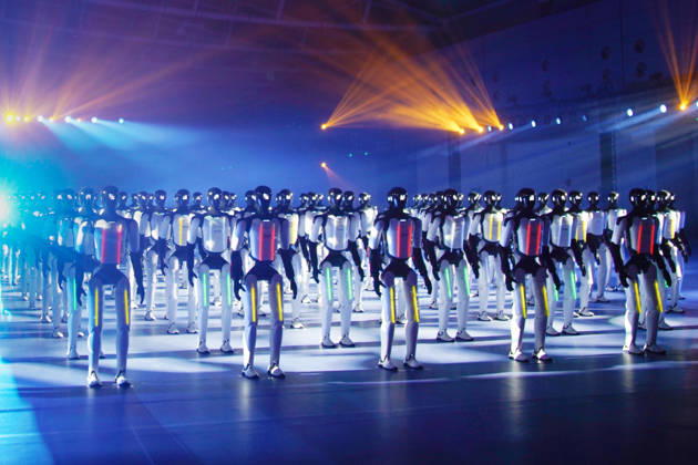 JINAN, CHINA - OCTOBER 24: One hundred and ten domestic humanoid robots perform a synchronized dance to challenge for the Guinness World Record for most robots dancing simultaneously at the Yellow River International Convention and Exhibition Center on October 24, 2026 in Jinan, Shandong Province of China.  Copyright: xVCGx 111676793324