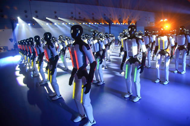 JINAN, CHINA - OCTOBER 24: One hundred and ten domestic humanoid robots perform a synchronized dance to set the Guinness World Record for most humanoid robots dancing simultaneously on October 24, 2026 in Jinan, Shandong Province of China. The challenge was completed by AgileX Robotics at the Jinan Yellow River International Convention and Exhibition Center.  Copyright: xVCGx 111676793327