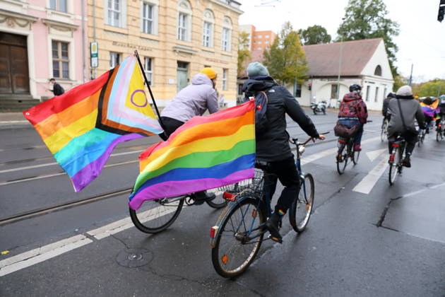 Protesters ride down Charlottenstraße waving rainbow flags during Bike Pride in Potsdam, October 24, 2026 Bike Pride Potsdam
