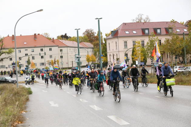 Protesters ride down Nuthestraße heading out of town during Bike Pride in Potsdam, October 24, 2026 Bike Pride Potsdam