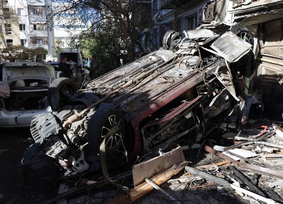 Russia Ukraine Drone Attack 9273073 25.10.2026 A view shows a car overturned after a massive drone attack amid Russia s military operation in Ukraine, in Belgorod, Russia. Two persons were killed and 14 others were injured in a reported strike by the Ukrainian Armed Forces on October 25. Taisia Liskovets Sputnik Belgorod Russia  Copyright: xTaisiaxLiskovetsx