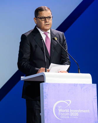 October 25, 2026, Doha, Qatar: Abdulhamid Mohammed Al Dabiba, Prime Minister of Libya, speaks during the opening ceremony of the 9th World Investment Forum (WIF 2026). The three-day summit, organized by United Nations Conference on Trade and Development Doha Qatar - ZUMAs197 20261025_aaa_s197_085 Copyright: xNoushadxVariyattiyakkalx