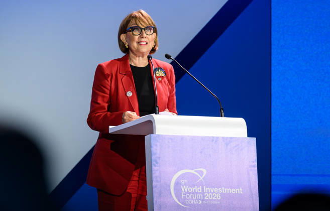 October 25, 2026, Doha, Qatar: Rebeca Grynspan, Secretary-General, UN Trade and Development, (UNCTAD), speaks during the opening ceremony of the 9th World Investment Forum (WIF 2026). The three-day summit, organized by United Nations Conference on Trade and Development Doha Qatar - ZUMAs197 20261025_aaa_s197_084 Copyright: xNoushadxVariyattiyakkalx