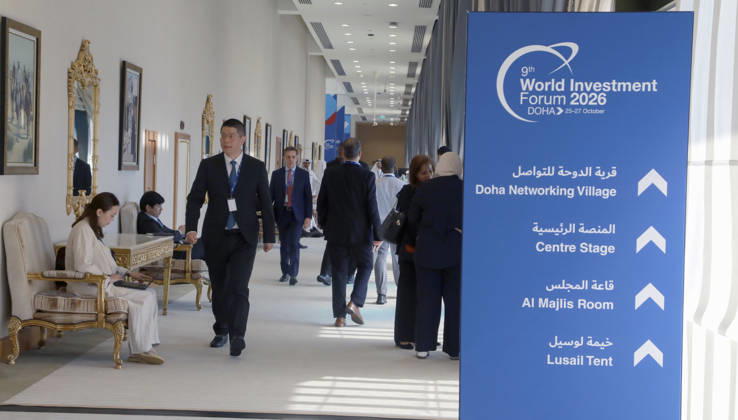 Doha Qatar World Investment Forum Participants walk along a corridor beside signs directing visitors to the World Investment Forum meeting rooms at the Sheraton Convention Center in Doha, Qatar, on October 25, 2026. The ninth World Investment Forum, organized by UN Trade and Development (UNCTAD) and hosted by Qatar from October 25 to 27 under the theme Investing in the Future, brings together government officials, investors and business leaders to discuss international investment, sustainable development and economic resilience. Doha Baladiyat ad Dawhah Qatar Copyright: xSidhickxKannurx