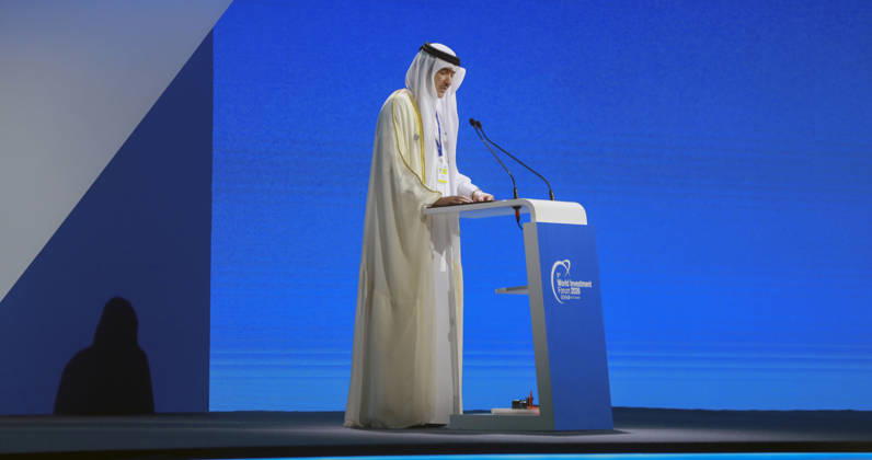 Doha Qatar World Investment Forum Ahmad bin Mohammed Al Sayed, Qatar s Minister of State for Foreign Trade Affairs, delivers remarks at a podium during the World Investment Forum in Doha, Qatar, on October 25, 2026. The ninth World Investment Forum, organized by UN Trade and Development (UNCTAD) and hosted by Qatar from October 25 to 27 under the theme Investing in the Future, brings together government officials, investors and business leaders to discuss international investment, sustainable development and economic resilience. Doha Baladiyat ad Dawhah Qatar Copyright: xSidhickxKannurx