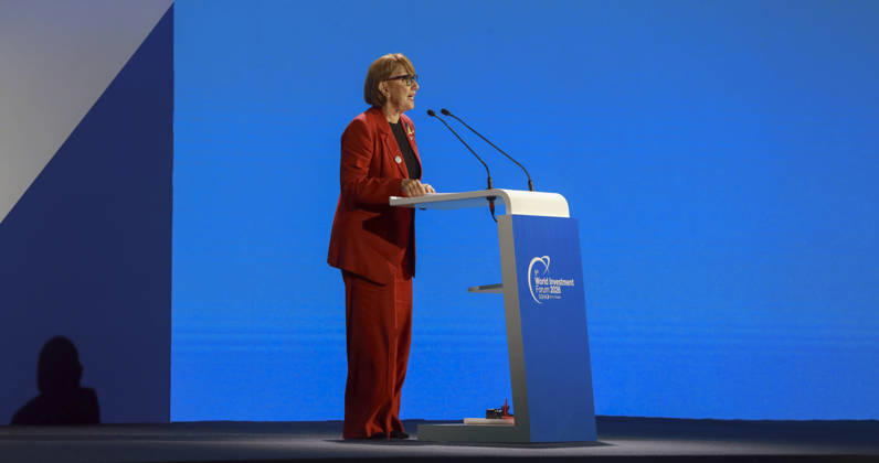 Doha Qatar World Investment Forum Rebeca Grynspan, UNCTAD Secretary-General, delivers remarks at a podium during the World Investment Forum in Doha, Qatar, on October 25, 2026. The ninth World Investment Forum, organized by UN Trade and Development (UNCTAD) and hosted by Qatar from October 25 to 27 under the theme Investing in the Future, brings together government officials, investors and business leaders to discuss international investment, sustainable development and economic resilience. Doha Baladiyat ad Dawhah Qatar Copyright: xSidhickxKannurx