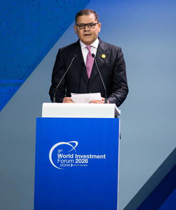 October 25, 2026, Doha, Qatar: Abdulhamid Mohammed Al Dabiba, Prime Minister of Libya, speaks during the opening ceremony of the 9th World Investment Forum (WIF 2026). The three-day summit, organized by United Nations Conference on Trade and Development Doha Qatar  - ZUMAs197 20261025_aaa_s197_136 Copyright: xNoushadxVariyattiyakkalx