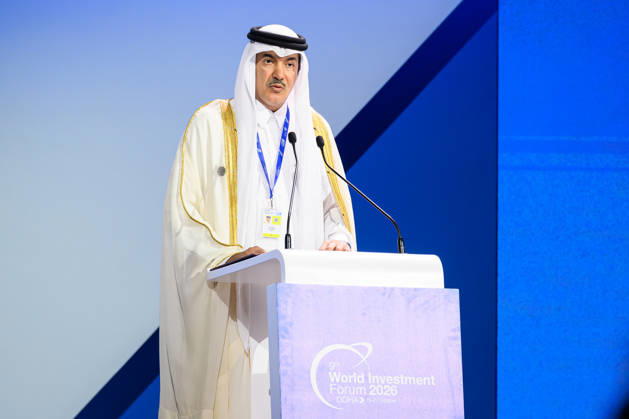 October 25, 2026, Doha, Qatar: Ahmad bin Mohammed Al Sayed, Minister of State for Foreign Trade of Qatar, speaks during the opening ceremony of the 9th World Investment Forum (WIF 2026). The three-day summit, organized by United Nations Conference on Trade and Development Doha Qatar  - ZUMAs197 20261025_aaa_s197_139 Copyright: xNoushadxVariyattiyakkalx