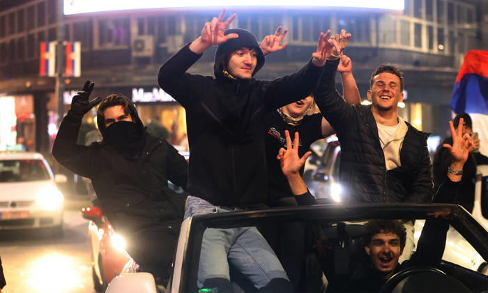 25.10.2026 Belgrade(Serbia) Politics Life Reactions after the election results The fall of regime after 14 years and the change of authorities government Youth people celebrate in cabrio victory of Student list
