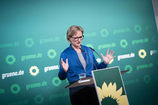Party Chairwoman Franziska Brantner at the regular press conference on current issues at party headquarters Press conference with Federal Chairwoman Franziska Brantner, Alliance 90 The Greens, Berlin, Berlin, Germany, party headquarters