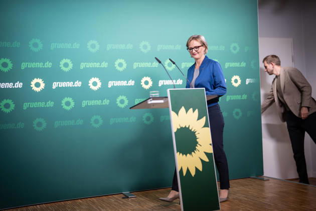 Party Chairwoman Franziska Brantner at the regular press conference on current issues at party headquarters Press conference with Federal Chairwoman Franziska Brantner, Alliance 90 The Greens, Berlin, Berlin, Germany, party headquarters