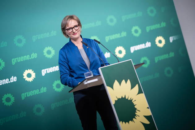 Party Chairwoman Franziska Brantner at the regular press conference on current issues at party headquarters Press conference with Federal Chairwoman Franziska Brantner, Alliance 90 The Greens, Berlin, Berlin, Germany, party headquarters