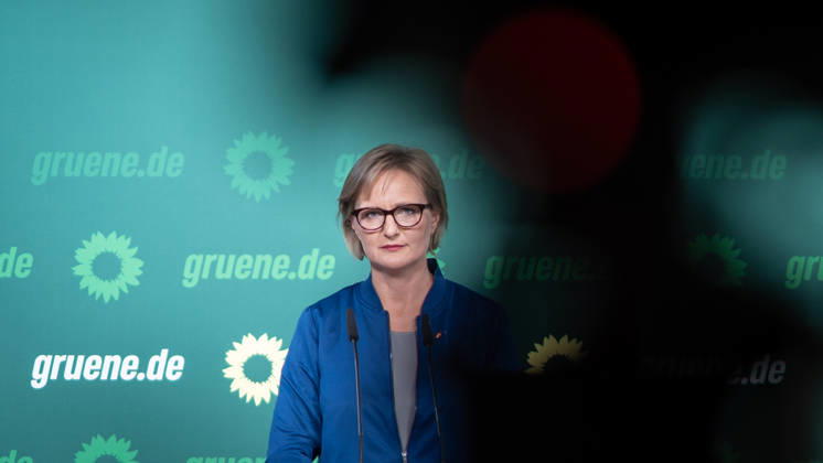 Party Chairwoman Franziska Brantner at the regular press conference on current issues at party headquarters Press conference with Federal Chairwoman Franziska Brantner, Alliance 90 The Greens, Berlin, Berlin, Germany, party headquarters