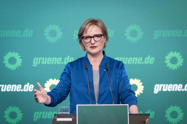 Party Chairwoman Franziska Brantner at the regular press conference on current issues at party headquarters Press conference with Federal Chairwoman Franziska Brantner, Alliance 90 The Greens, Berlin, Berlin, Germany, party headquarters
