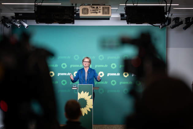 Party Chairwoman Franziska Brantner at the regular press conference on current issues at party headquarters Press conference with Federal Chairwoman Franziska Brantner, Alliance 90 The Greens, Berlin, Berlin, Germany, party headquarters