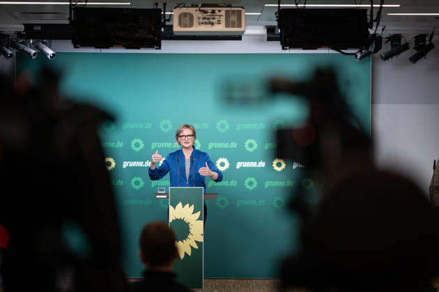 Party Chairwoman Franziska Brantner at the regular press conference on current issues at party headquarters Press conference with Federal Chairwoman Franziska Brantner, Alliance 90 The Greens, Berlin, Berlin, Germany, party headquarters