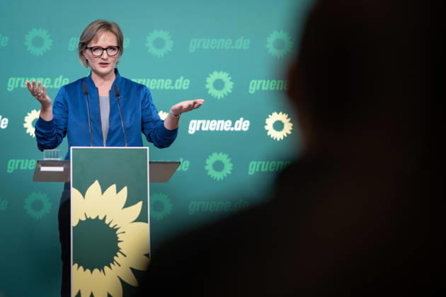 Party Chairwoman Franziska Brantner at the regular press conference on current issues at party headquarters Press conference with Federal Chairwoman Franziska Brantner, Alliance 90 The Greens, Berlin, Berlin, Germany, party headquarters