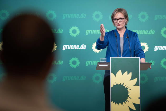 Party Chairwoman Franziska Brantner at the regular press conference on current issues at party headquarters Press conference with Federal Chairwoman Franziska Brantner, Alliance 90 The Greens, Berlin, Berlin, Germany, party headquarters