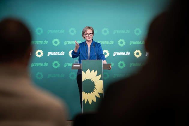 Party Chairwoman Franziska Brantner at the regular press conference on current issues at party headquarters Press conference with Federal Chairwoman Franziska Brantner, Alliance 90 The Greens, Berlin, Berlin, Germany, party headquarters