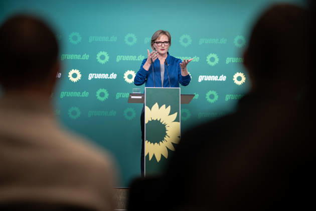 Party Chairwoman Franziska Brantner at the regular press conference on current issues at party headquarters Press conference with Federal Chairwoman Franziska Brantner, Alliance 90 The Greens, Berlin, Berlin, Germany, party headquarters