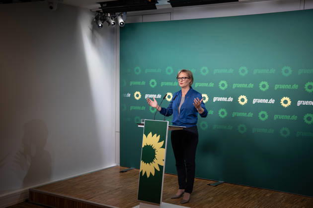 Party Chairwoman Franziska Brantner at the regular press conference on current issues at party headquarters Press conference with Federal Chairwoman Franziska Brantner, Alliance 90 The Greens, Berlin, Berlin, Germany, party headquarters