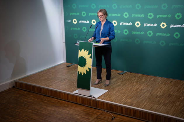 Party Chairwoman Franziska Brantner at the regular press conference on current issues at party headquarters Press conference with Federal Chairwoman Franziska Brantner, Alliance 90 The Greens, Berlin, Berlin, Germany, party headquarters
