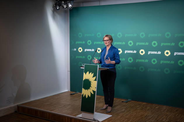 Party Chairwoman Franziska Brantner at the regular press conference on current issues at party headquarters Press conference with Federal Chairwoman Franziska Brantner, Alliance 90 The Greens, Berlin, Berlin, Germany, party headquarters