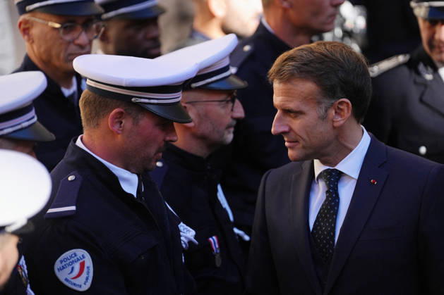 President Macron visits Marseille a Week After the Riots - France French President Emmanuel Macron meets with the police force in Marseille, France, Monday, October 26, 2026, during a visit to notice the return of republican order after the violence and looting that punctuated the citizen mobilization of October 17, 2026. Protests by high school students over learning conditions sparked a movement that has since spread nationwide, fuelled by broader anger over the rising cost of living. Photo by Aurelien Morissard Pool ABACAPRESS.COM Marseille France  Copyright: xMorissardxAurelien Pool ABACAx
