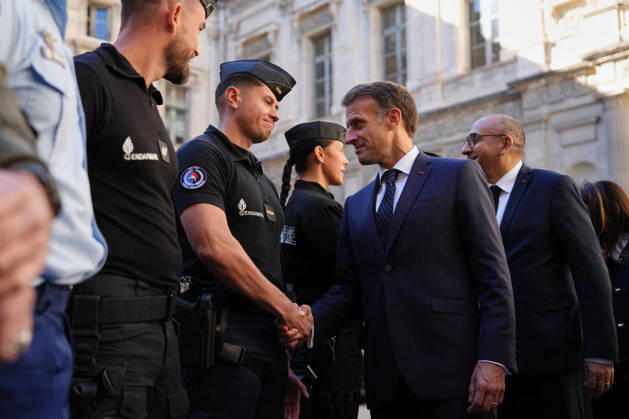 President Macron visits Marseille a Week After the Riots - France French President Emmanuel Macron meets with the police force in Marseille, France, Monday, October 26, 2026, during a visit to notice the return of republican order after the violence and looting that punctuated the citizen mobilization of October 17, 2026. Protests by high school students over learning conditions sparked a movement that has since spread nationwide, fuelled by broader anger over the rising cost of living. Photo by Aurelien Morissard Pool ABACAPRESS.COM Marseille France  Copyright: xMorissardxAurelien Pool ABACAx